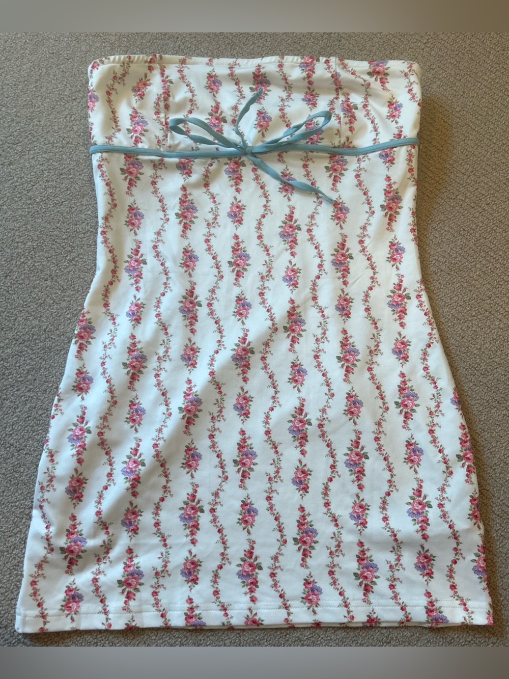 Edikted Strapless Floral Tube Dress with Blue Ribbon